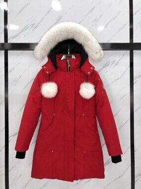 Moose Knuckles Red Fur Trim Mid Length Parka Down Coat